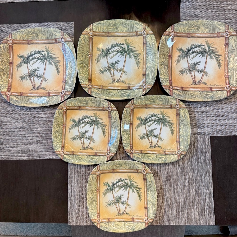 Set of 6 Melamine Palms Tommy Bahama style Green and Tan Square Dinnerware Plate
